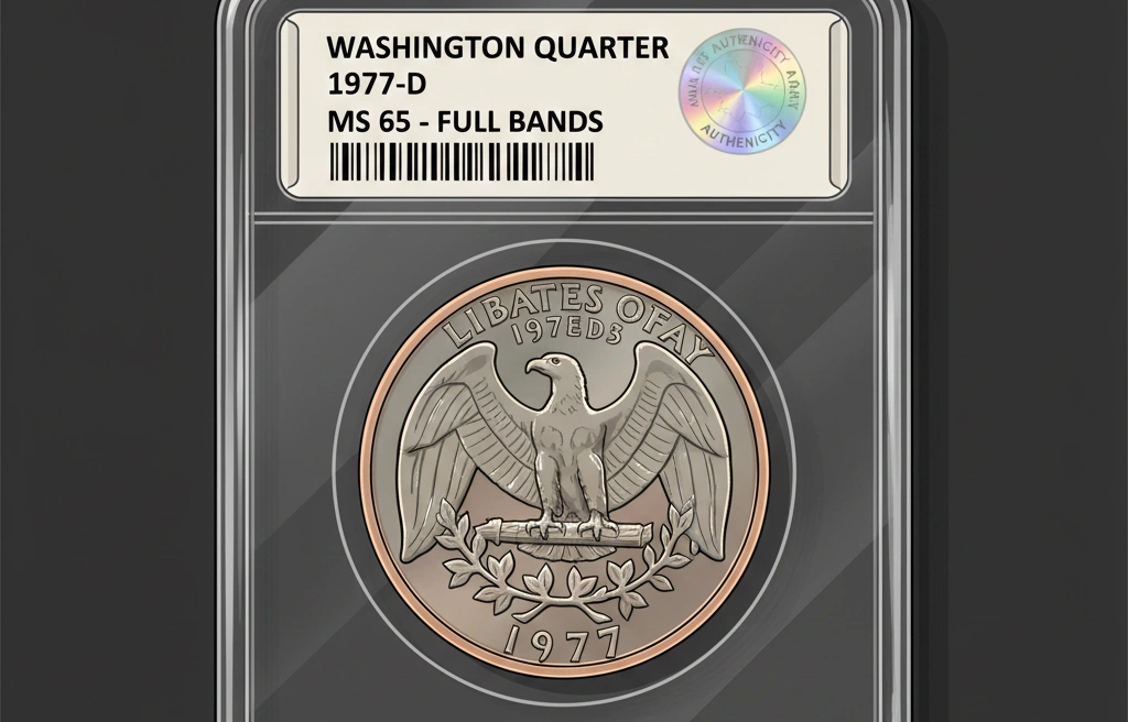 1977 quarter displayed in a protective case with value label