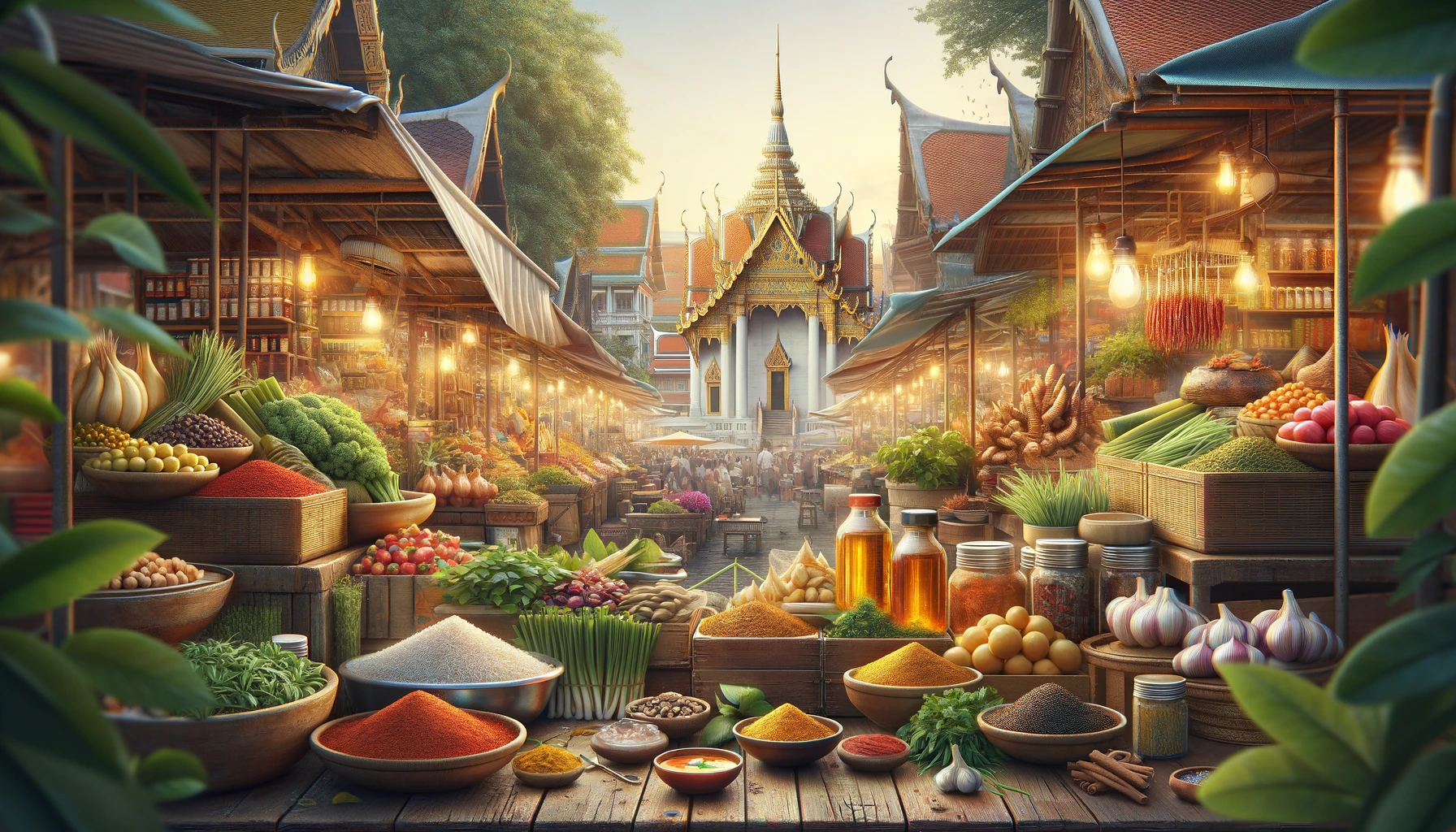 An outdoor food market in Bangkok with stalls selling various fresh ingredients, spices, and street food delicacies. 