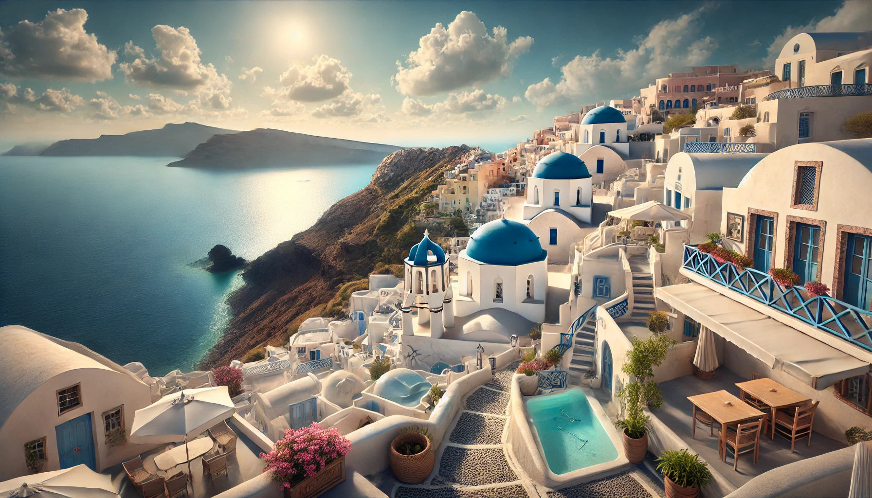 A stunning view of Santorini, Greece, featuring iconic white-washed buildings with blue domes overlooking the tranquil Aegean Sea under a bright, clear sky.
