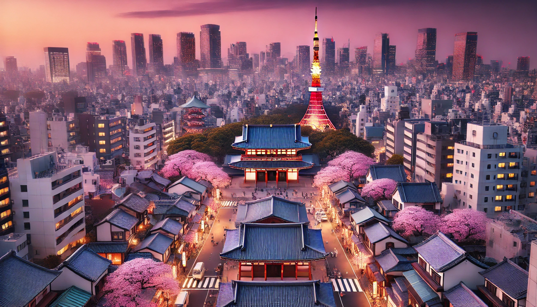 A stunning aerial view of Tokyo, Japan, blending traditional and modern elements. In the foreground, ancient temples and cherry blossom trees are seen, with traditional Japanese rooftops.