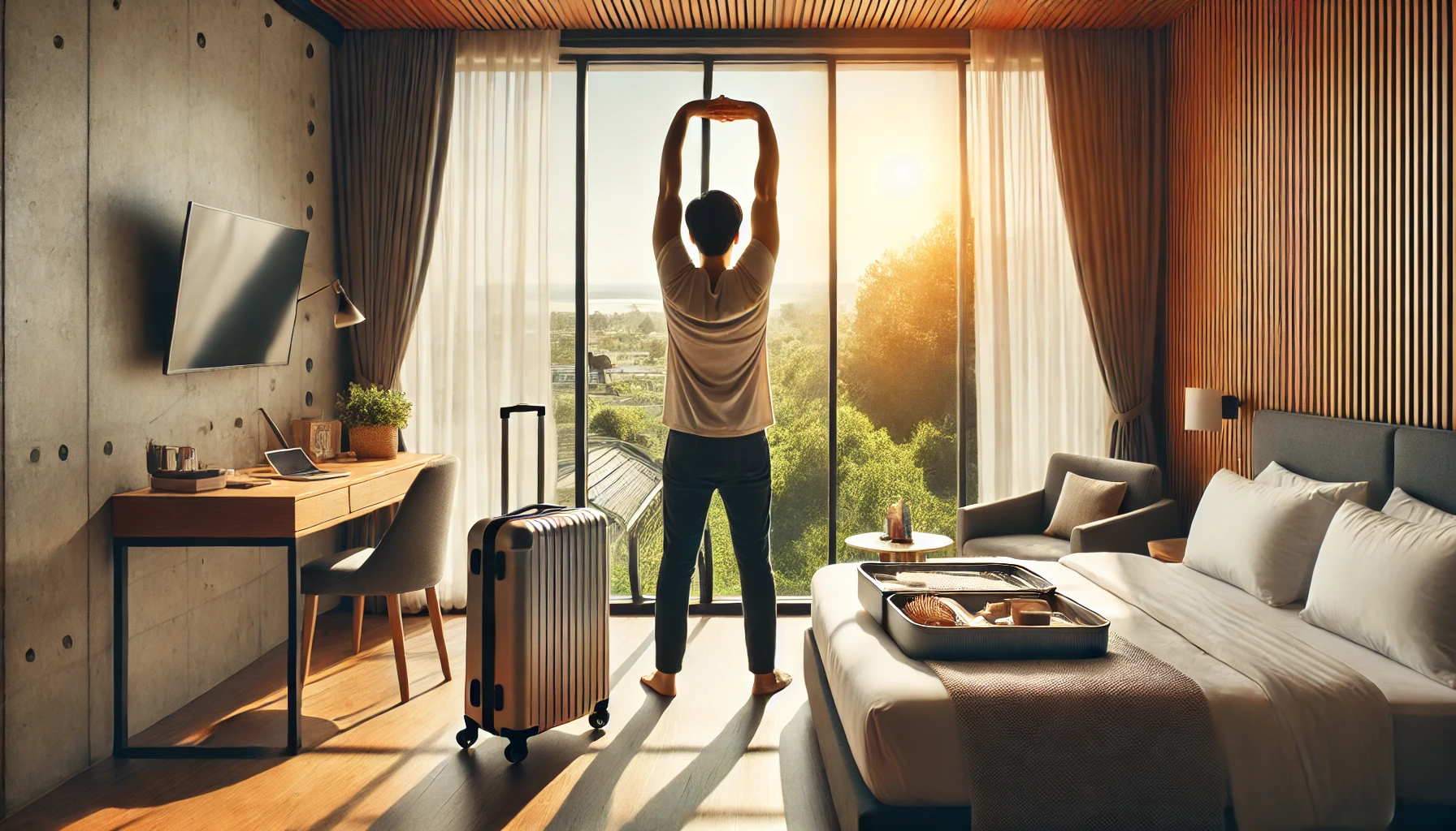 A traveler performing a standing stretch in a bright, modern hotel room with large windows showing a scenic outdoor view. 