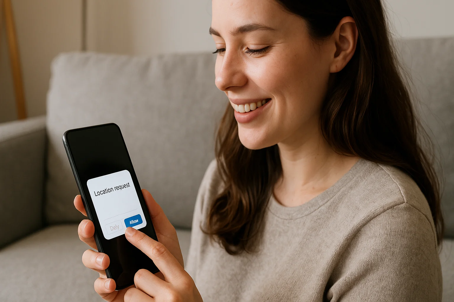 A young woman smiles as she taps “Allow” on a location request notification, highlighting voluntary and secure sharing.